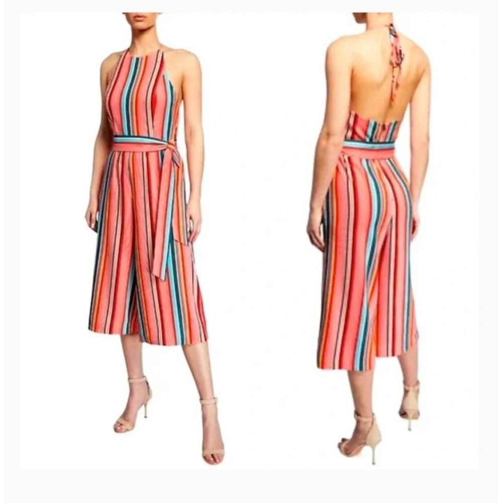Alice + Olivia Jumpsuit Women 0 Red Multi Linen Striped Halter Wide Leg Boho